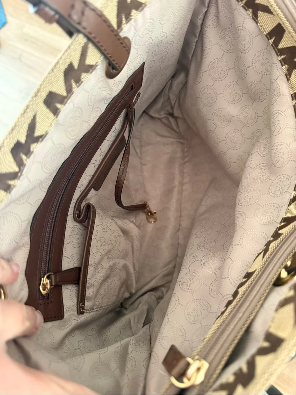Michael Kors Brown MK Monogram Tote with Gold Hardware